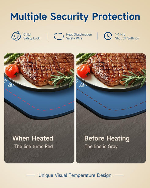 7 Warming Mat for Food, Food Warming Mat with Temp Master Aadjustable Warming Tray, Thermochromic Line, Roll Up Buffet