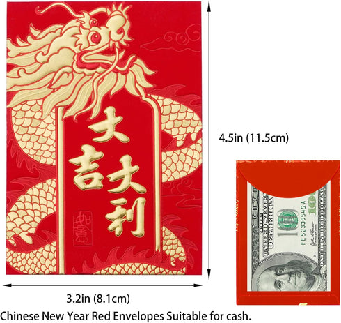 Red Envelopes for Chinese New Year of The Dragon 2024, Lucky Money Envelopes with 6 Gold Embossed Patterns, 36Pcs Medium