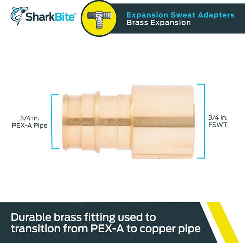 SharkBite 3/4 x 3/4 Inch Expansion FNPT Sweat Adapter for PEX-A Pipe, Brass Plumbing Fittings, Female NPT Adapter for PEX-A Tubing, UAB606LFA by SharkBite