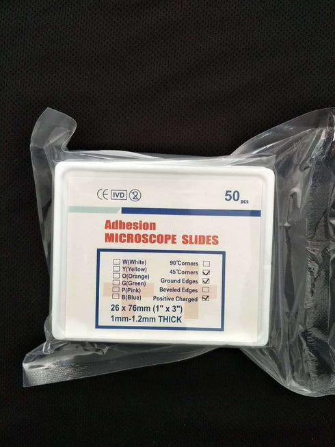50 pcs Adhesion Microscope Slide Positively Charged (+)- 45° Corners Ground Edges