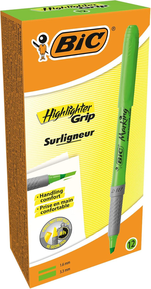 Bic Highlighter Grip Pens, Green, Box of 12