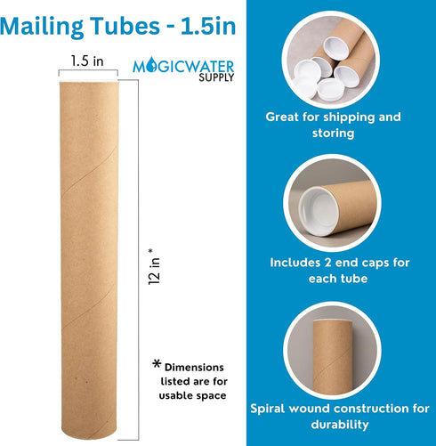 MagicWater Supply Mailing Tube - 1.5 in x 12 in - Kraft - 12 Pack - for Shipping and Storage of Posters, Arts, Crafts, and Documents