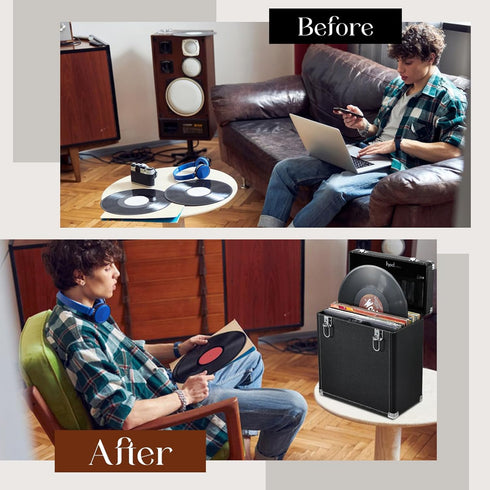 Hododou Vinyl Record Storage Case LP Album Collection Display Box Water Resistant Vinyl Record Organizer Storage Holds