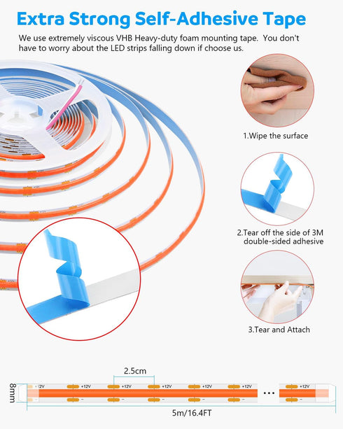 16.4ft 12V 1600Leds/5M Closet Dimmer Aclorol Led COB Light Strip Red Flexible COB Strip Lights for Bedroom Tape