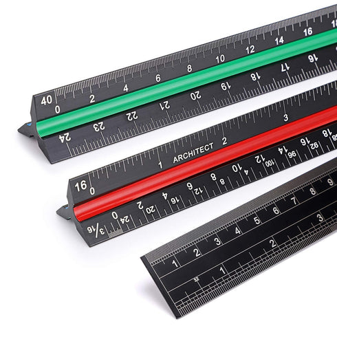 OwnMy 3 Pack 12 Inch Solid Aluminum Triangular Architect Scale Ruler Set, 3-Colors-Groove
