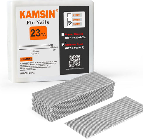 P625SS Headless Pin Nails, 23 Gauge 1'' (25mm) Leg Length, 9,000 PCS/BOX for Pneumatic Pin Nailer