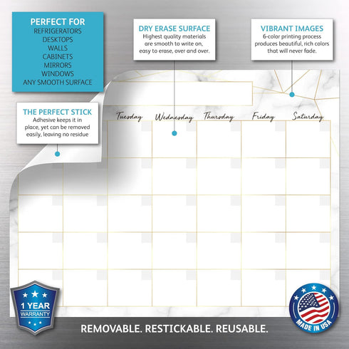 Dry Erase Monthly Calendar Planner Sticker Decal, Removable & Reusable, Magnetic Fine-Tip Marker Included, 9 x 12 inches