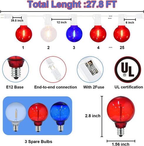 G40 27.8 4th 25+3 Bulbs, LED Red White and Blue Lights, FT of July Lights Plug in with Patriotic Decorations Outdoor