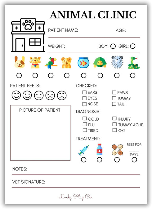 Lucky Play Co. Veterinarian Play Notepad for Kids Pretend Vet Animal Clinic Imaginative Role-Play Playtime