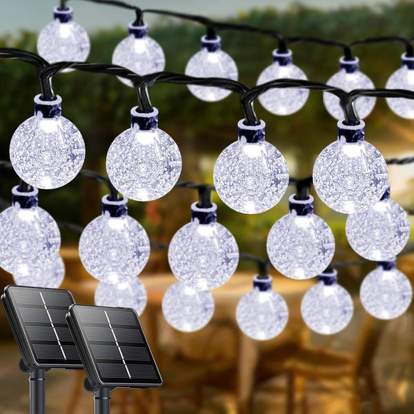 2-Pack 72FT 120 LED White Crystal Globe Solar String Lights Outdoor, Waterproof