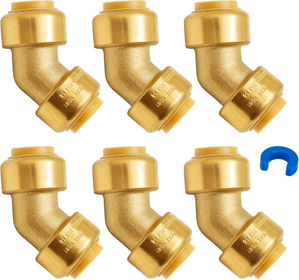SUNGATOR 1/2 Inch 45 Degree Elbow, No Lead Brass Push to Connect Plumbing Fittings, Pack of 6
