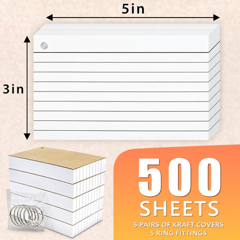 ANSTEEP 500PCS 3x5 Inches White Index Cards, Flash Cards with Ring, Lined on Both Side Notecards Ruled Study Card