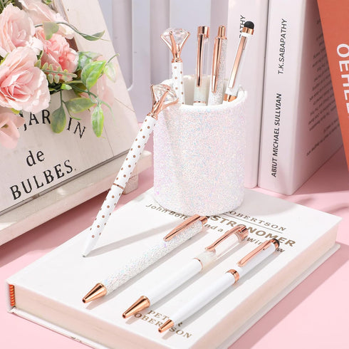 Sabary 8 Pcs Ballpoint Pens with White Pen Holder for Desk, Glitter Pencil Holder, Fancy Black Ink Pens