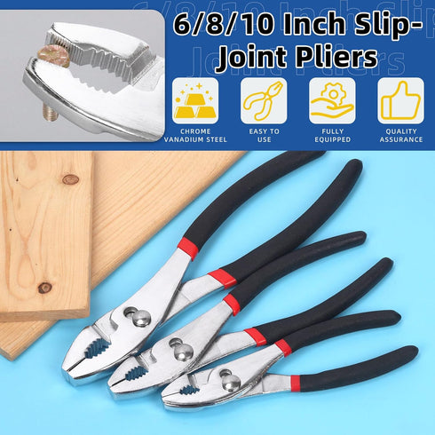Glarks Slip Joint Pliers 6 Inch, 8 Inch, and 10 Inch, Chrome Vanadium Steel Body with Non-Slip Handle