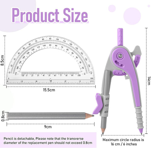 EBOOT Set, 6 Inch 180 Student Geometry Math Drawing Compass and Clear Swing Arm Protractors Degree Math Protractor