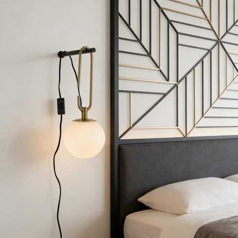 SINFU Bulb Modern Globe Wall Sconce, Plug-in Hanging Light Fixture with Glass Shade, Black and Gold Finish