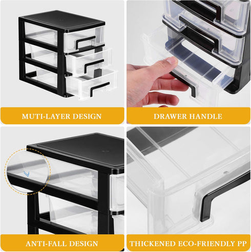 SEWACC 3-Layer Plastic Drawer Organizer, Small Desktop Organizer with Transparent Drawers for Office Supplies