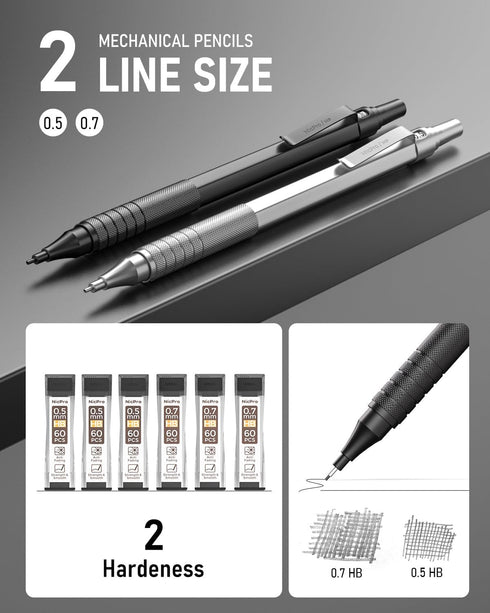Nicpro 2 PCS Mechanical Pencils 0.5mm & 0.7mm, MP1000 Metal Artist Pencil Set with 6 Tubes HB Lead Refills, Black &