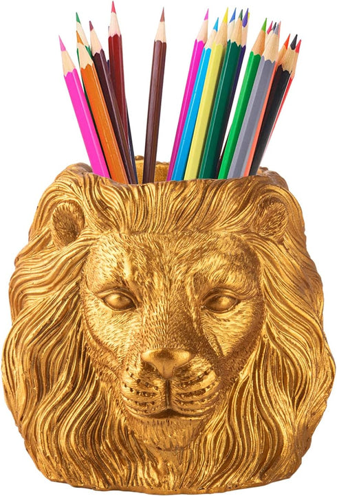 Lion Pencil Holder - Golden Desk Organizer for Office Supplies