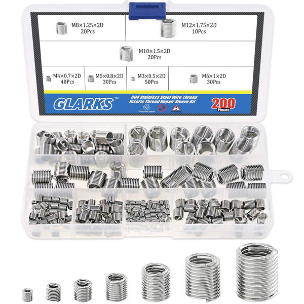 Glarks 200Pcs Assortment Kit, Wire Inserts Screws Sleeve, 304 Stainless Steel Metric M3 M4 M5 M6 M8 M10 M12 for