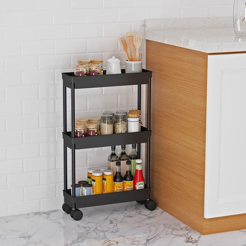 Sooyee 3 Tier Rolling Cart with Wheels,Slim Storage Cart,Narrow Storage Cabinet,Under Desk Storage,Rolling Utility Cart Storage Organizer for Office Bathroom Kitchen Laundry Room Narrow Places, Black by Sooyee
