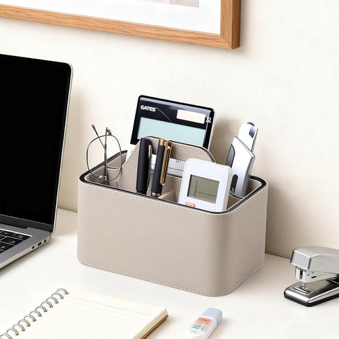 Caddy Organizer with Handle, PU Leather Remote Control Holder Desk Caddy, Portable Makeup Remote Organizer for Table