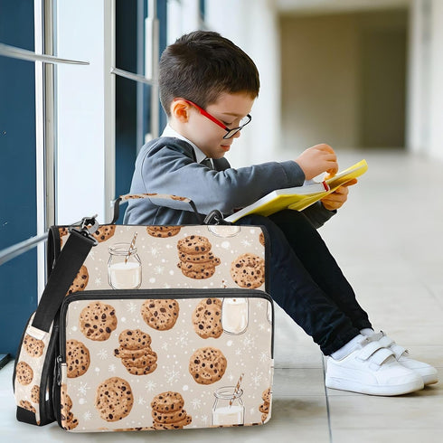 Krafig 3 Cookies Milk Pattern Cute Zipper Binder Bag Ring with Handle Shoulder Strap, Binder File Organizer Bag Storage