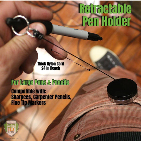 Specialist ID 2 Pack Heavy Duty Retractable Pull Pen Holder, Ideal for Markers & Carpenter Pencils, Nylon Cable & Metal