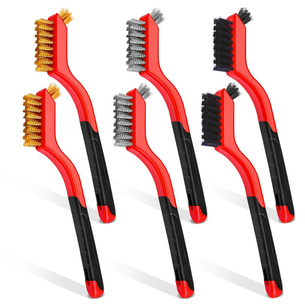 Wire Brush Set, 6 Pcs Brass, Stainless Steel, Nylon Brushes for Cleaning, Curved Handle for Rust Removal