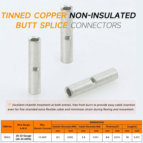 26-22 Gauge Non-Insulated Butt Connectors 100 PCS 26-22 AWG Butt Splice Connectors 0.5 mm² Uninsulated Crimp BN0.5 Butt Connectors Pure Copper Tin Coated Marine Grade Crimp Butt Terminals