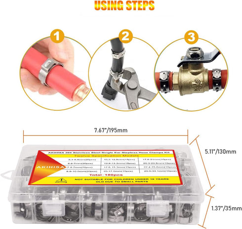 AKIHISA 180 PCS Single Ear Hose Clamps, 12 Sizes 5.3-33.1mm Crimp Clamps with Pincer and 304 Stainless Steel