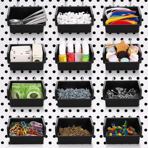 Foraineam 16 Pack Pegboard Bins with Metal Hooks, Black Garage Workbench Accessories Kit for Tools Organizer
