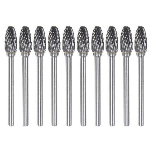 10pcs Carbide Rotary Burrs: 1/8" (3mm) Shank 1/4" (6mm) Head Double Cut Flame H Shape Die Grinder Bits