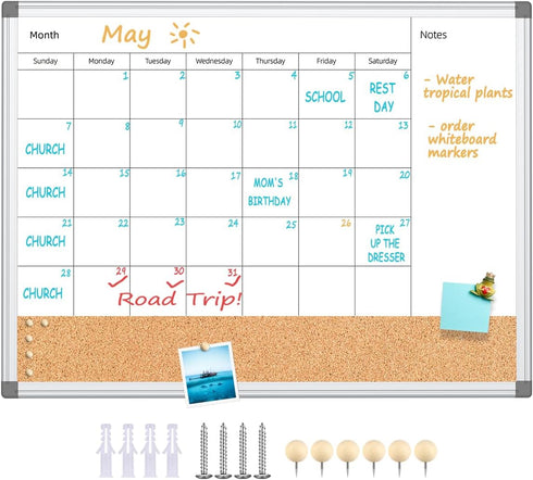Upgraded Monthly Calendar Dry Erase White Board & Cork Bulletin Board, 17.7" x 23.6" Aluminum Frame
