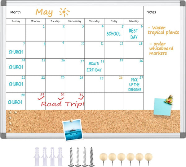 Upgraded Monthly Calendar Dry Erase White Board & Cork Bulletin Board, 17.7" x 23.6" Aluminum Frame