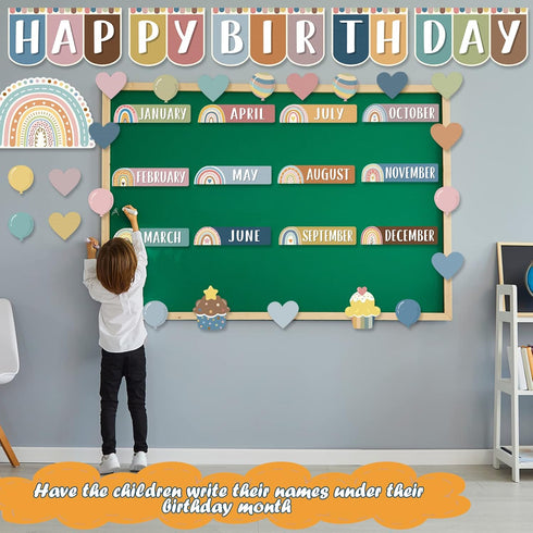 78 Items Boho Decor - Rainbow Birthday Board for Classroom Decorations Announcement Board Calendar Announcement Board