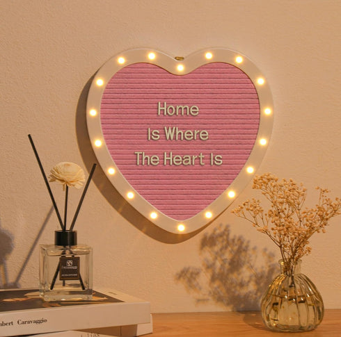 Lights,10x10 663 Heart-Shaped Felt Letter Board with Built-in LED Light-up Message Board with Pre-Cut Letters,Cursive