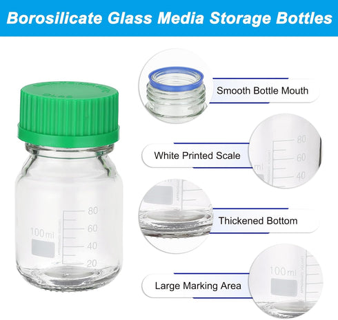 PATIKIL 4 Pack Reagent Media Storage Bottles, 100ml Borosilicate Glass Graduated Round Bottles, Clear