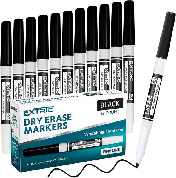 Dry Erase Markers Fine Tip, 12 Count Black Whiteboard Markers for Kids and School Supplies
