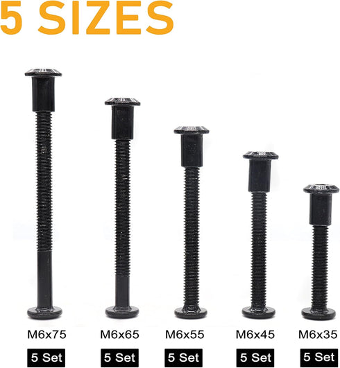 binifiMux 50pcs M6x35/45/55/65/75mm Black Zinc Plated Hex Drive Socket Cap Bolts Assortment Kit for Furniture