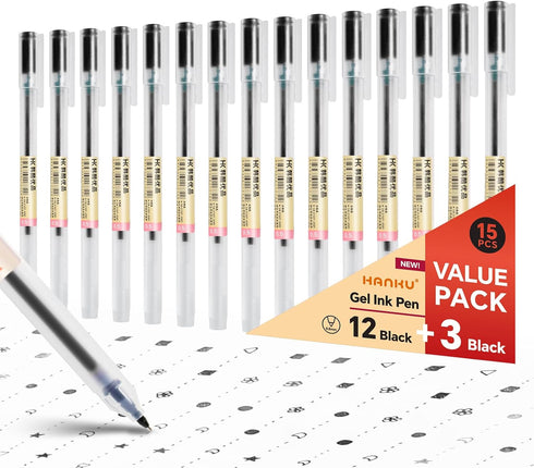 Black Gel Pens, 15Pcs 0.5mm Extra Fine Point, Quick Dry Ballpoint Pens for Japanese Office School Stationery Supply