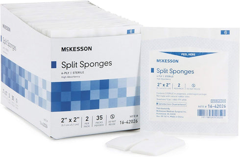 McKesson Split Sponges - 6-Ply Sterile I.V. and Tracheostomy Dressings, 2 in x 2 in, 2 per Pack
