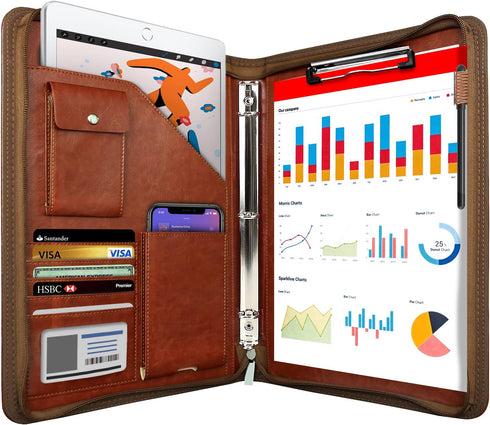 WRIYES Leather Padfolio with 3 Ring Binder, Zippered Portfolio Organizer, Professional Business Binder for