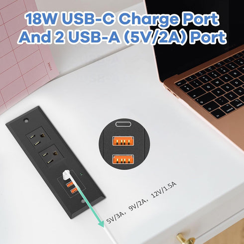 Kungfuking 20W 2 1 6.56FT Recessed Power Strip with PD USB C, Desk Outlet with USB-A and USB-C Ports, Recessed Power