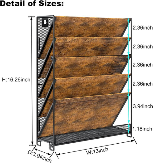 PAG Wall File Organizer, 6-Tier Rustic Hanging Holder for Documents and Magazines, Brown