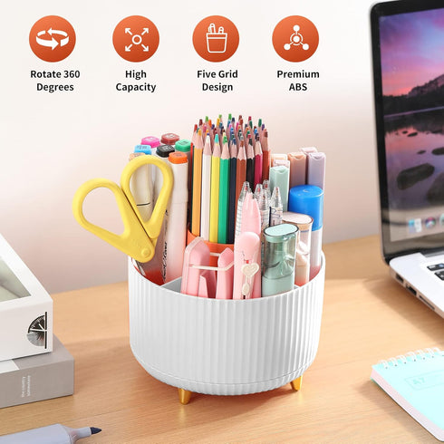 Desk Pencil Pen Holder, 5 Slots 360°Degree Rotating Pencil Pen Organizers for Desk, Desktop Storage Stationery Supplies Organizer, Cute Pencil Cup Pot for Office, School, Home, Art Supply, White by EDENMS