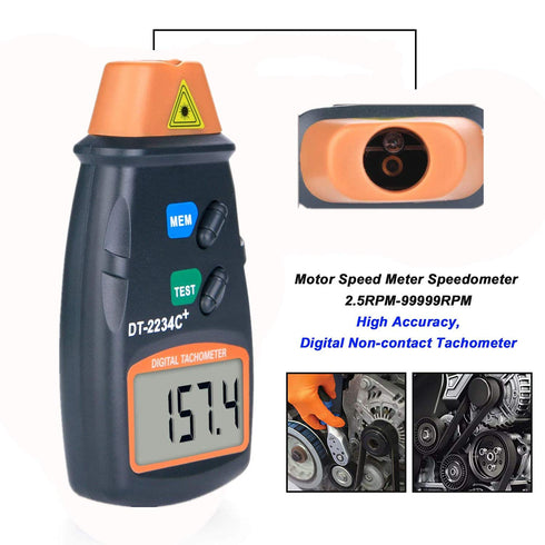 Digital Tachometer, Non-Contact RPM Speedometer, Photo Tach Tester Measuring 2.5-99,999RPM Motor Speed, Laser Rotation Velocimeter Detector Gauge for Engine Motorcycle Mower Lathe