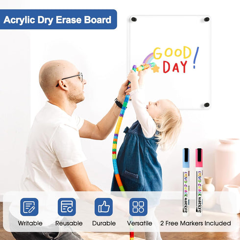 Clear Acrylic Dry Erase Board, 12" X 14" Black Non-Magnetic Frameless White Board for Wall, 2 Markers