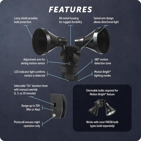 17000140 180-Degree 240 Globe Electric W Twin Head Black Hardwired Motion Sensor Security Flood Light with MotionBright