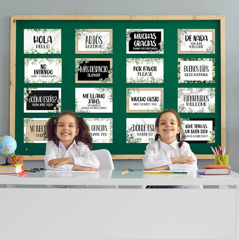gisgfim 16 Pcs Spanish Words and Phrases Poster Set, Bulletin Board Decoration for Classroom Language Decor